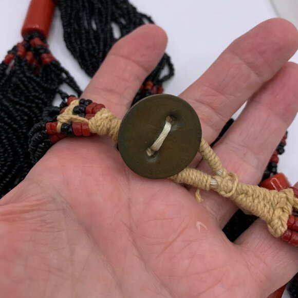 Antique Native American Black Seed Bead Coral 36" Multistrand Necklace J772 - Picture 6 of 7